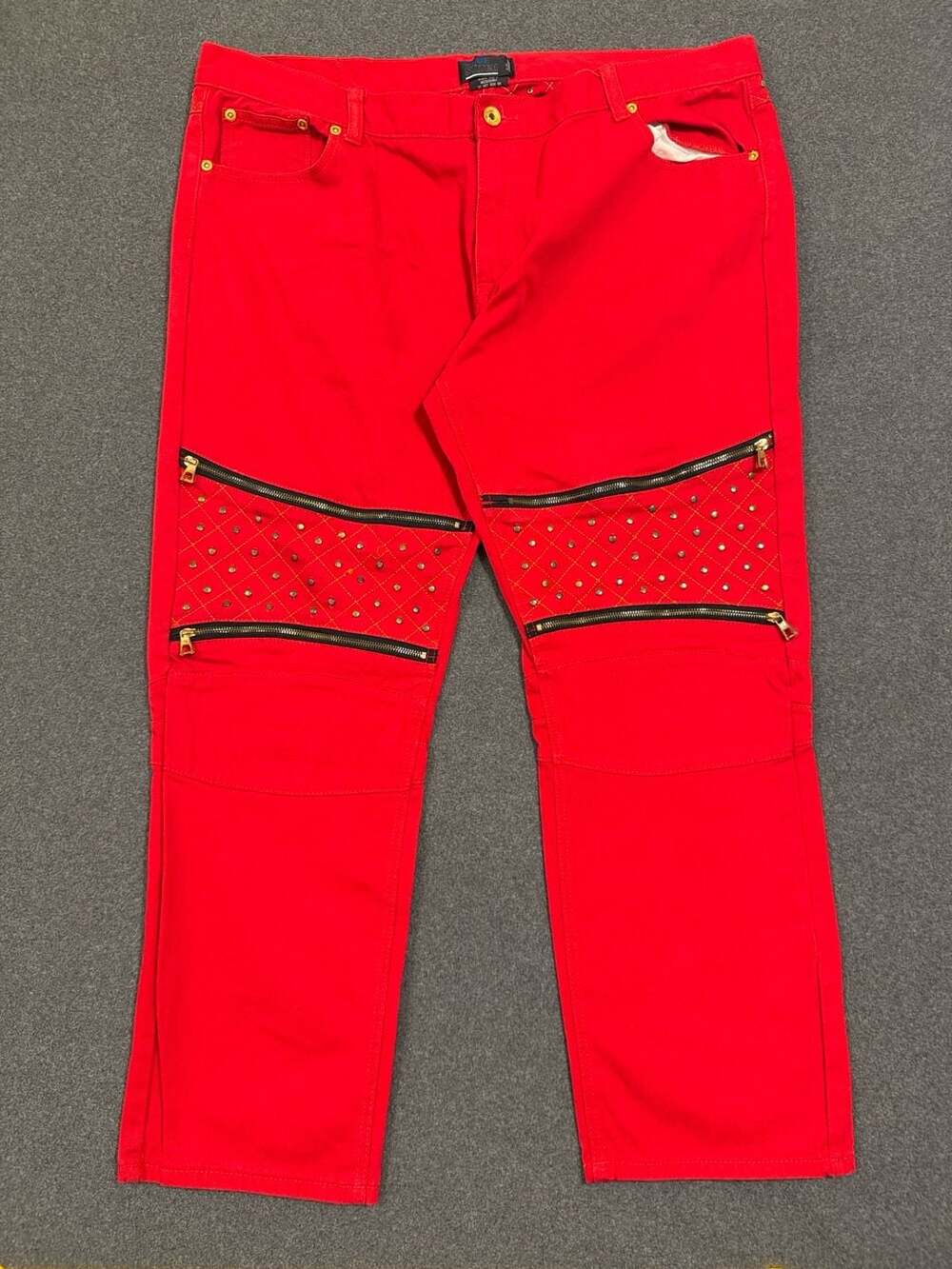 Blue Stitch Red Slim Straight Biker Moto Jeans with Studs and Zippers Size 46x32